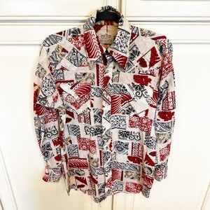 Vintage American Prior‎ Westerns Pearl Snap Red Blue Mens Country Rodeo Shirt